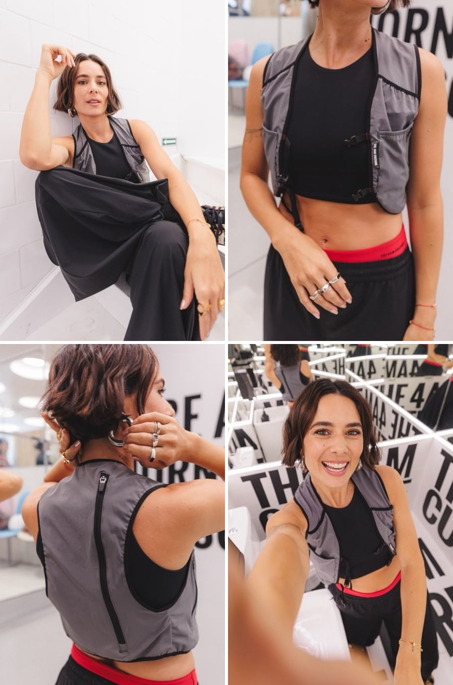 Look em quatro fotos: sentada na escada, de frente, de costas e selfie no espelho infinito da loja